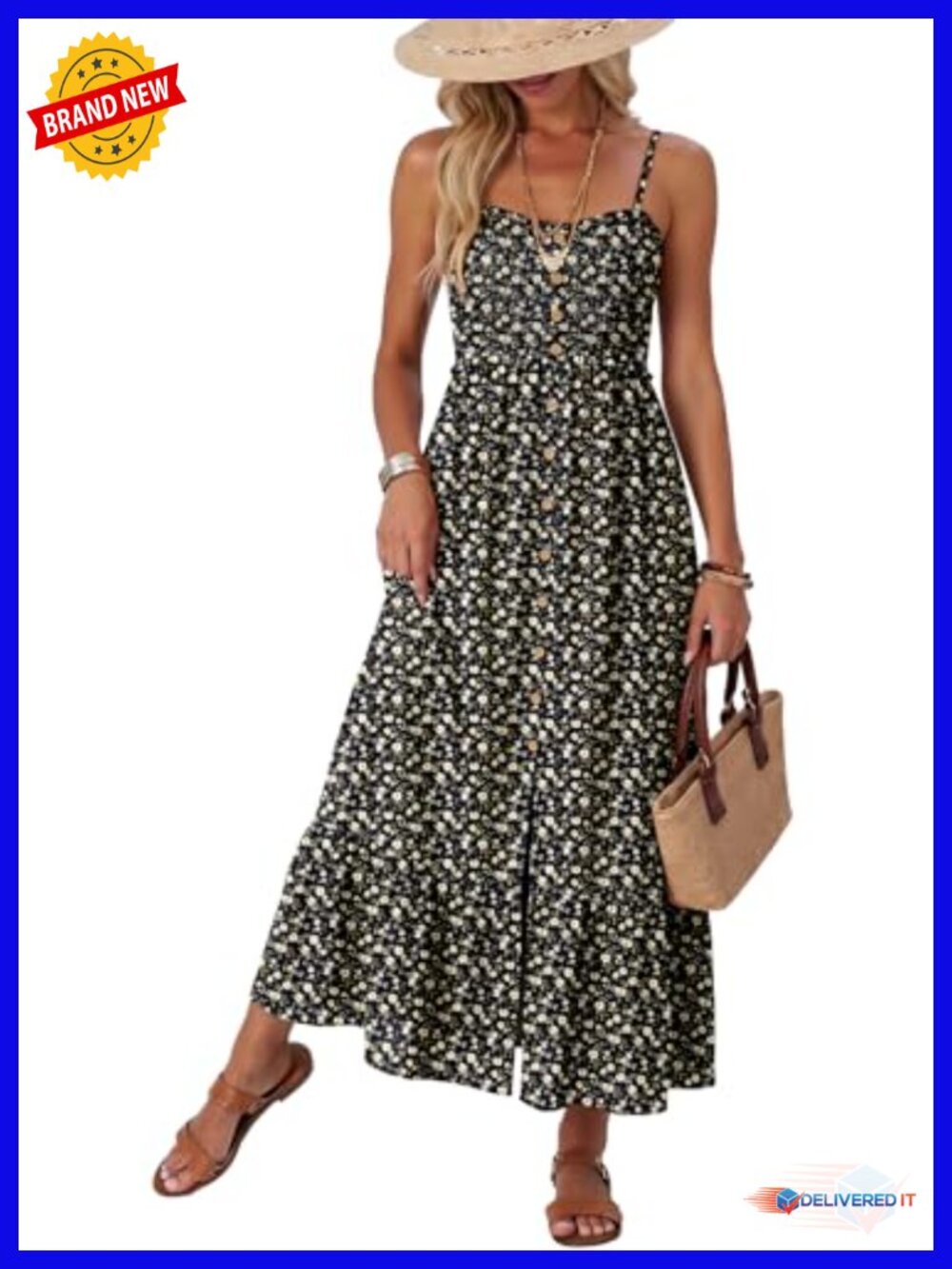 Sleeveless Spaghetti Strap Button Down Smocked Maxi Dress with Pockets